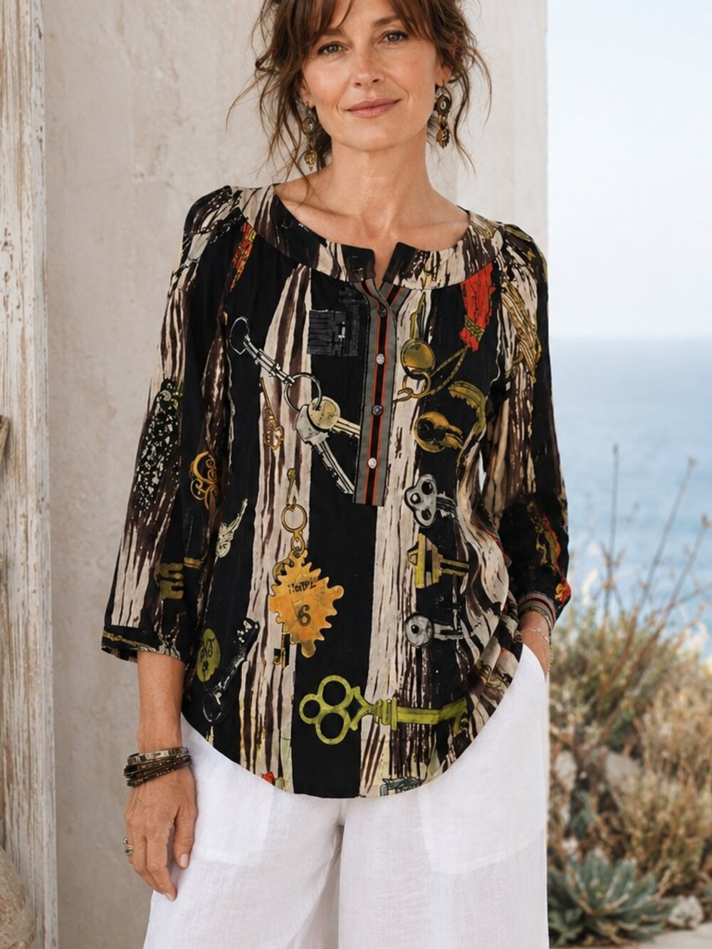Diane Von Furstenberg Corso Silk Top XS 2 Key Printed Novelty Artsy Lagen Y2K